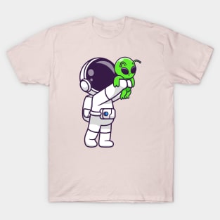 Cute Astronaut Holding Baby Alien Cartoon T-Shirt